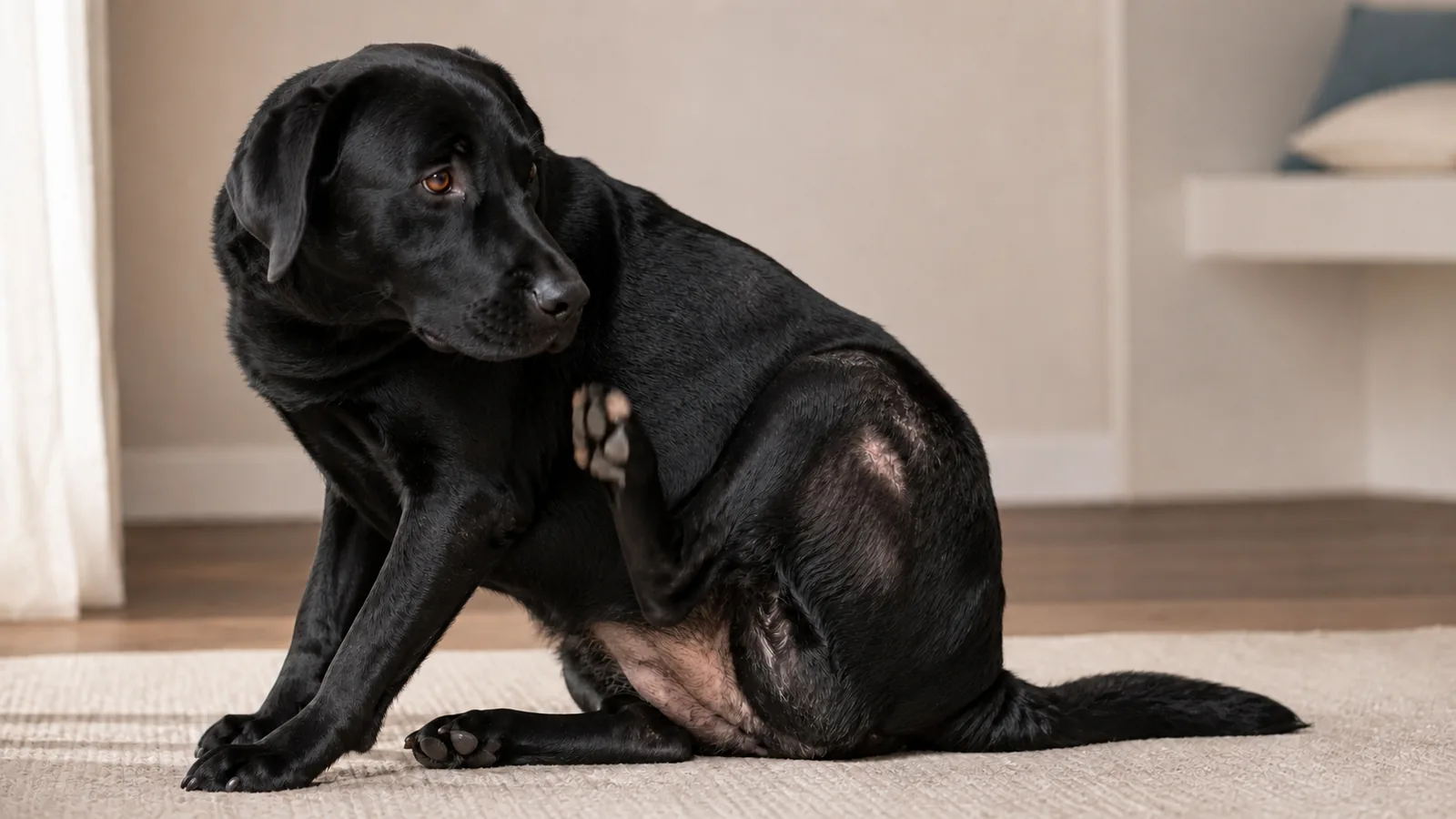 Black Labrador Retriever sitting indoors, gently scratching its side.