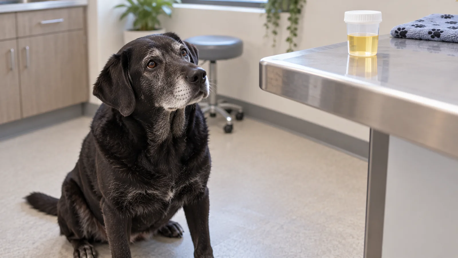 A senior black Labrador with a greying muzzle sitting in an exam room beside a urine sample cup.